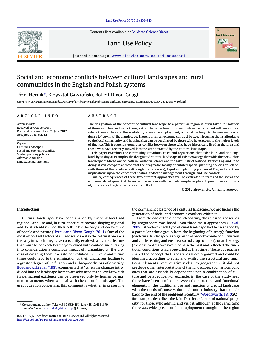 Social and economic conflicts between cultural landscapes and rural communities in the English and Polish systems