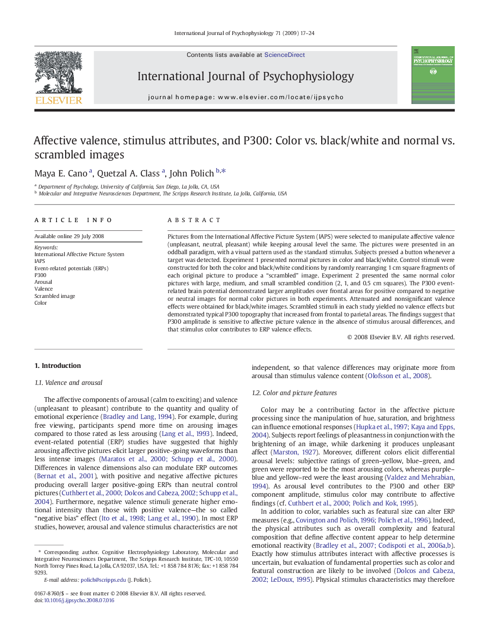 Affective valence, stimulus attributes, and P300: Color vs. black/white and normal vs. scrambled images