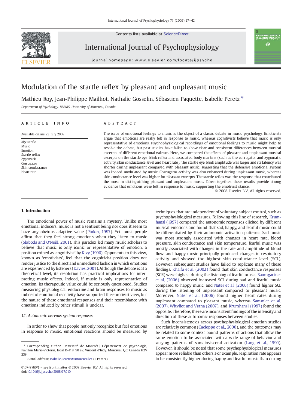 Modulation of the startle reflex by pleasant and unpleasant music