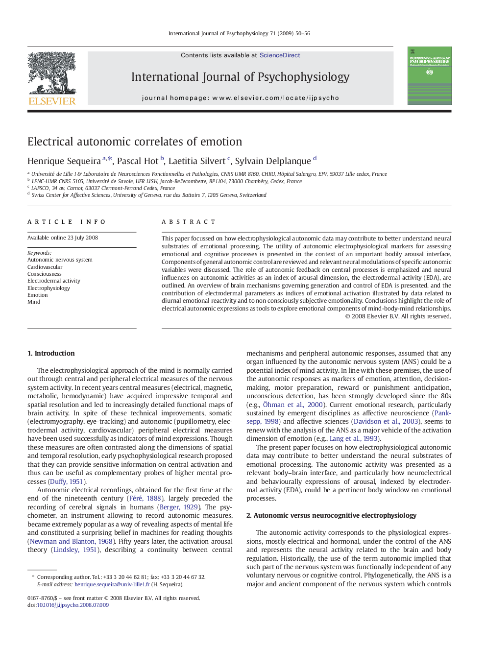 Electrical autonomic correlates of emotion