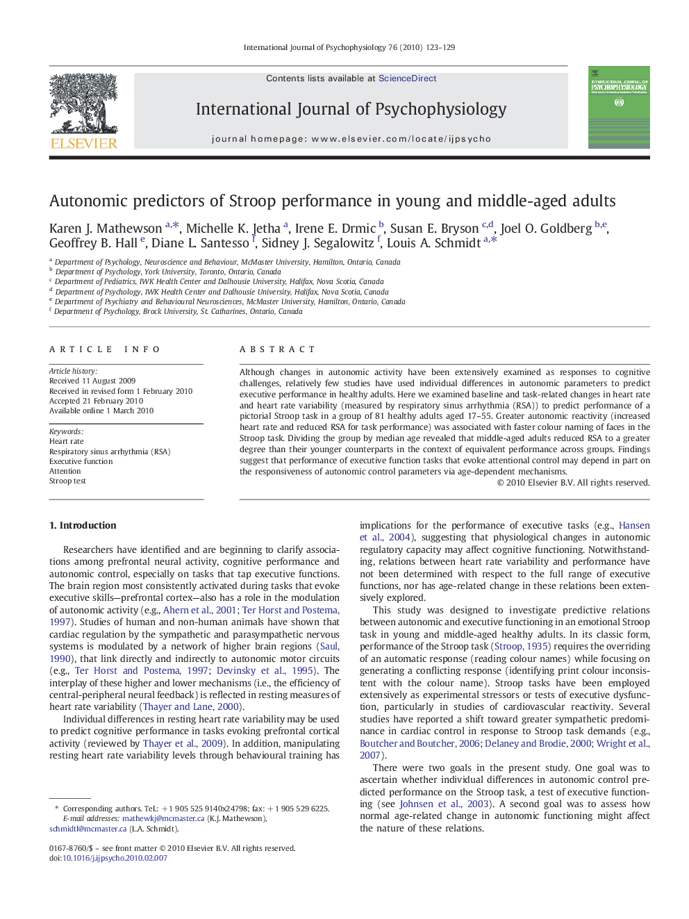 Autonomic predictors of Stroop performance in young and middle-aged adults