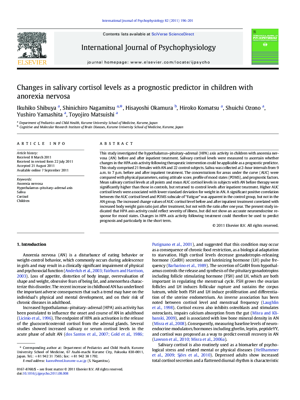 Changes in salivary cortisol levels as a prognostic predictor in children with anorexia nervosa