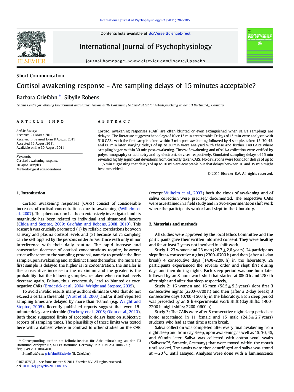 Cortisol awakening response - Are sampling delays of 15 minutes acceptable?