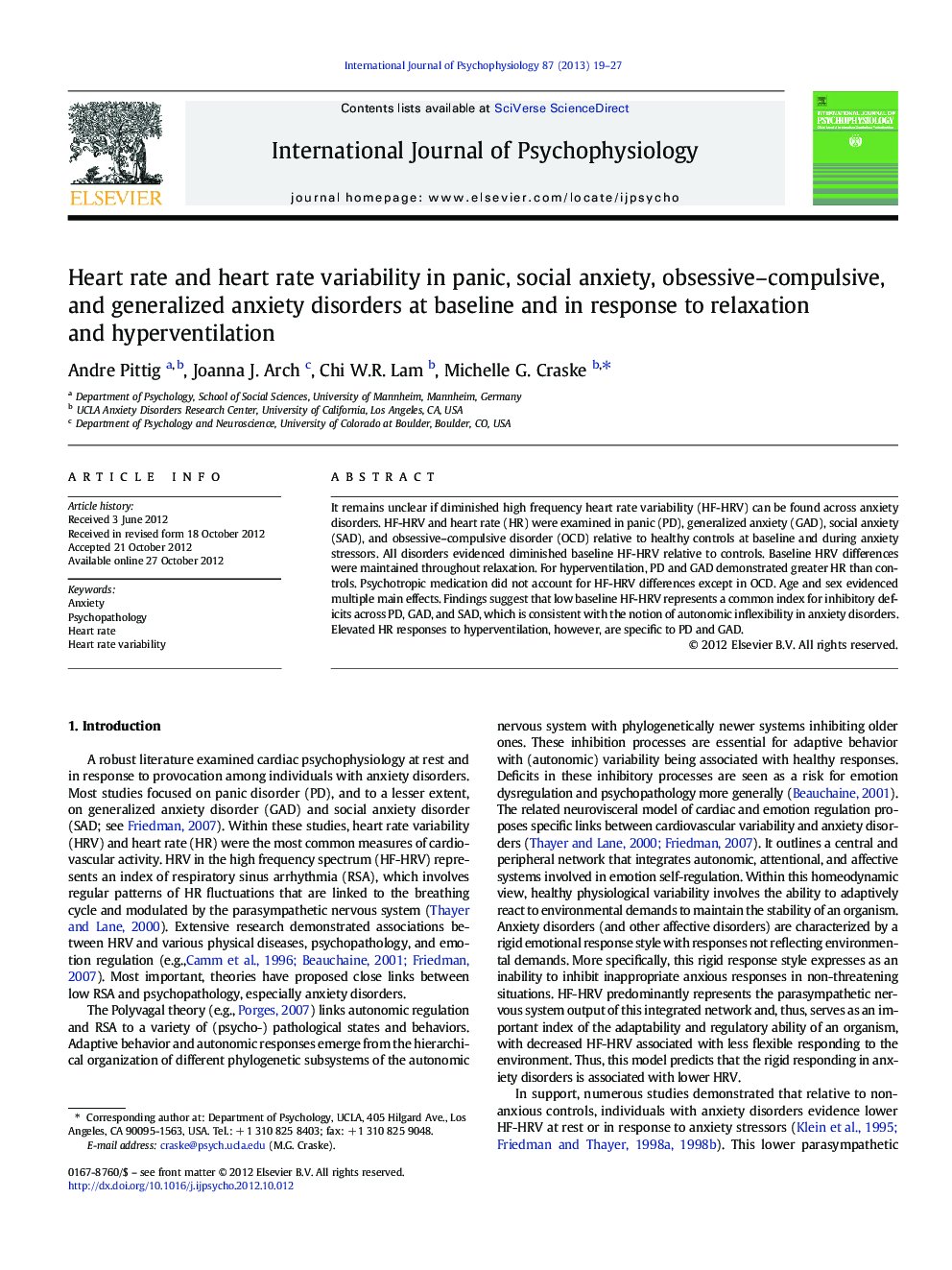 Heart rate and heart rate variability in panic, social anxiety, obsessive–compulsive, and generalized anxiety disorders at baseline and in response to relaxation and hyperventilation