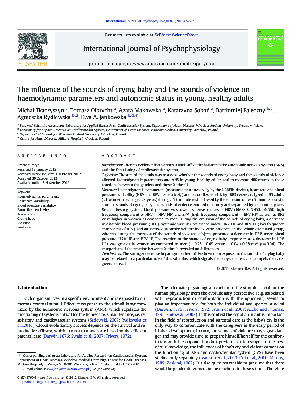 The influence of the sounds of crying baby and the sounds of violence on haemodynamic parameters and autonomic status in young, healthy adults