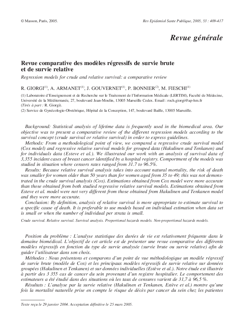 Revue comparative des modÃ¨les régressifs de survie brute et de survie relative