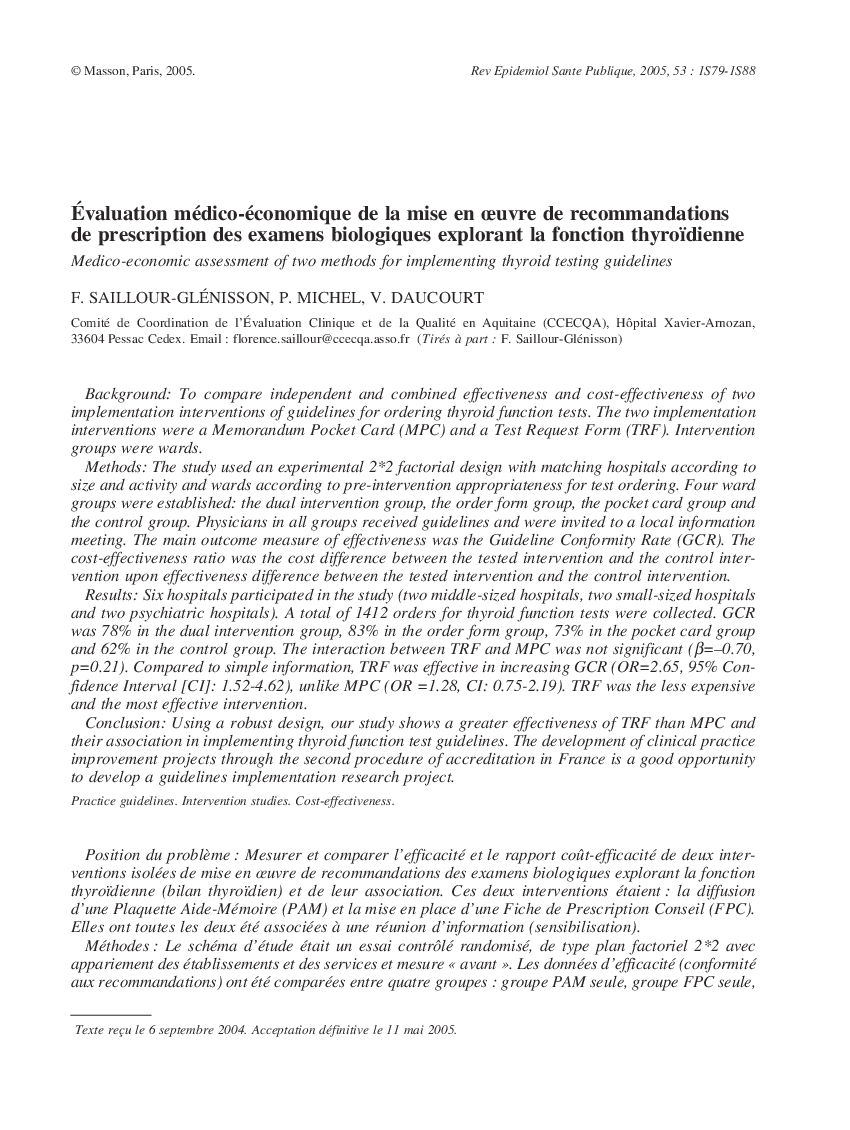 Ãvaluation médico-économique de la mise en Åuvre de recommandations de prescription des examens biologiques explorant la fonction thyroïdienne