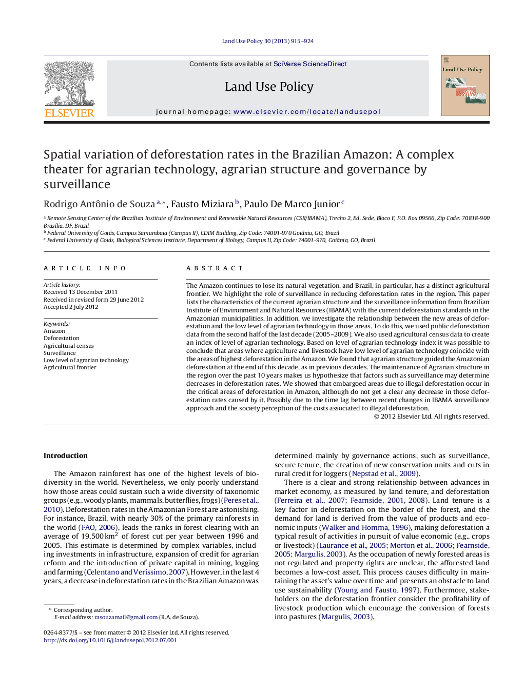 Spatial variation of deforestation rates in the Brazilian Amazon: A complex theater for agrarian technology, agrarian structure and governance by surveillance