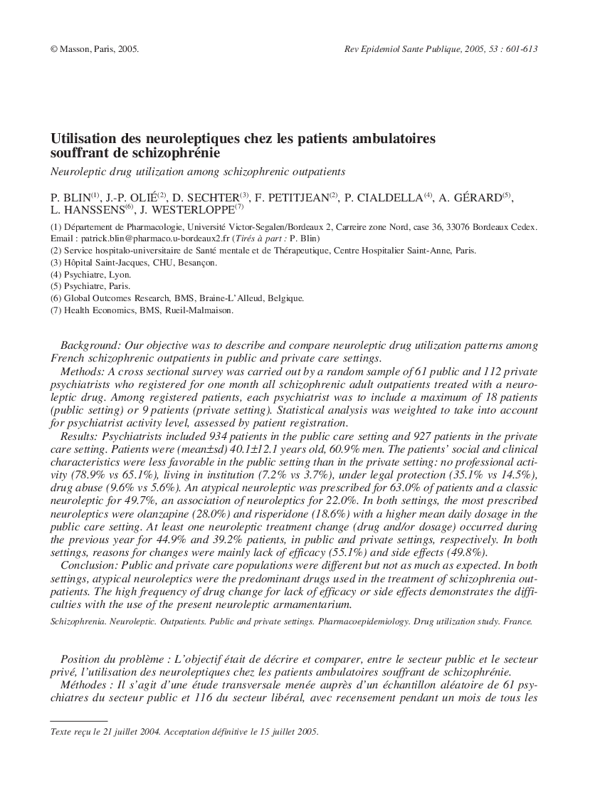 Utilisation des neuroleptiques chez les patients ambulatoires souffrant de schizophrénie