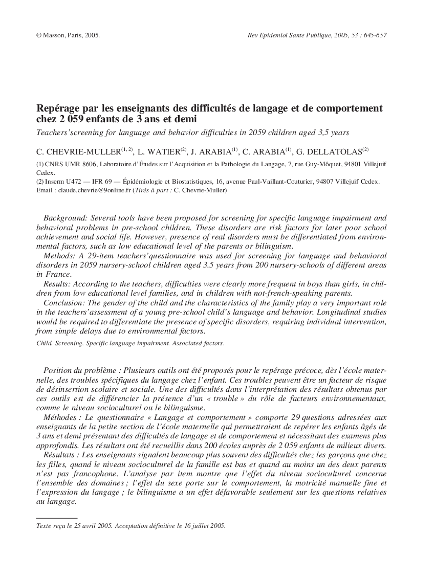 Repérage par les enseignants des difficultés de langage et de comportement chez 2 059 enfants de 3 ans et demi
