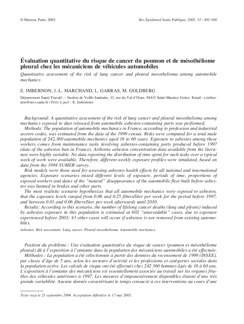 Ãvaluation quantitative du risque de cancer du poumon et de mésothéliome pleural chez les mécaniciens de véhicules automobiles