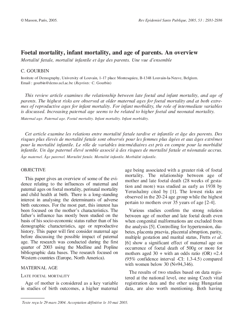 Foetal mortality, infant mortality, and age of parents. An overview