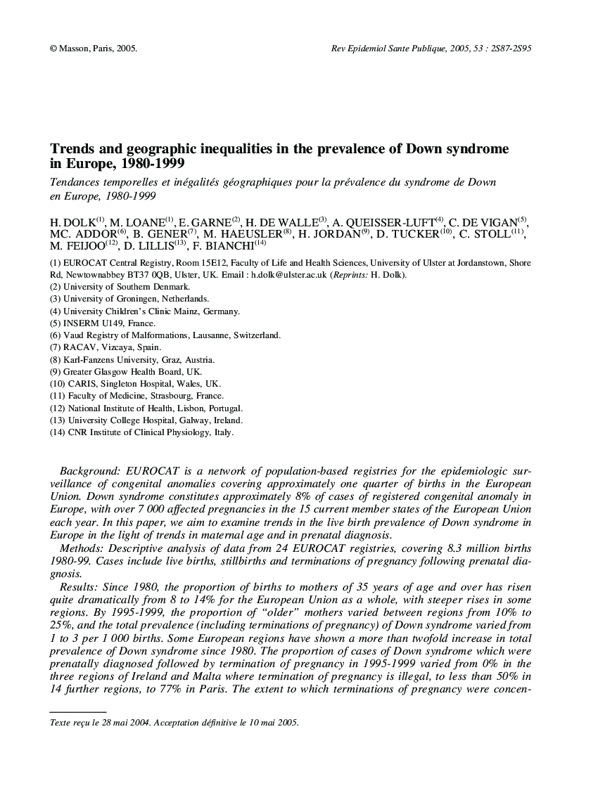 Trends and geographic inequalities in the prevalence of Down syndrome in Europe, 1980-1999