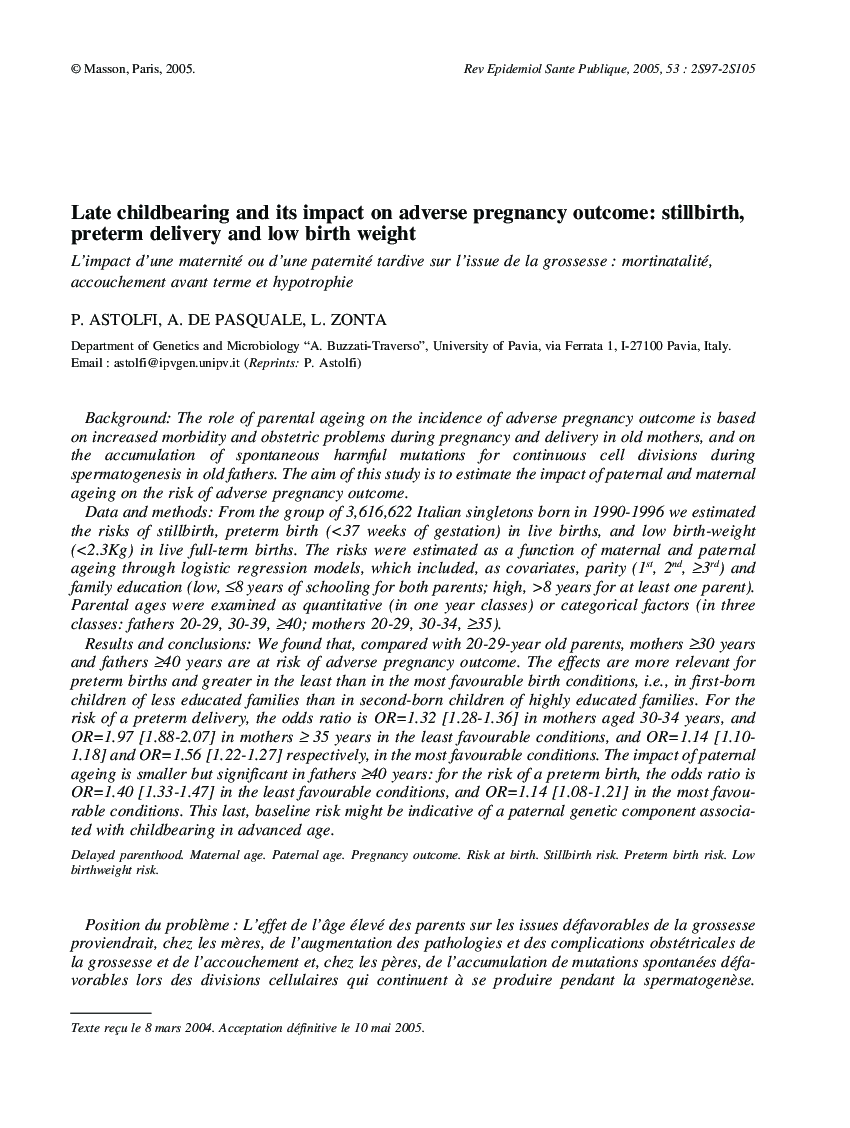 Late childbearing and its impact on adverse pregnancy outcome: stillbirth, preterm delivery and low birth weight