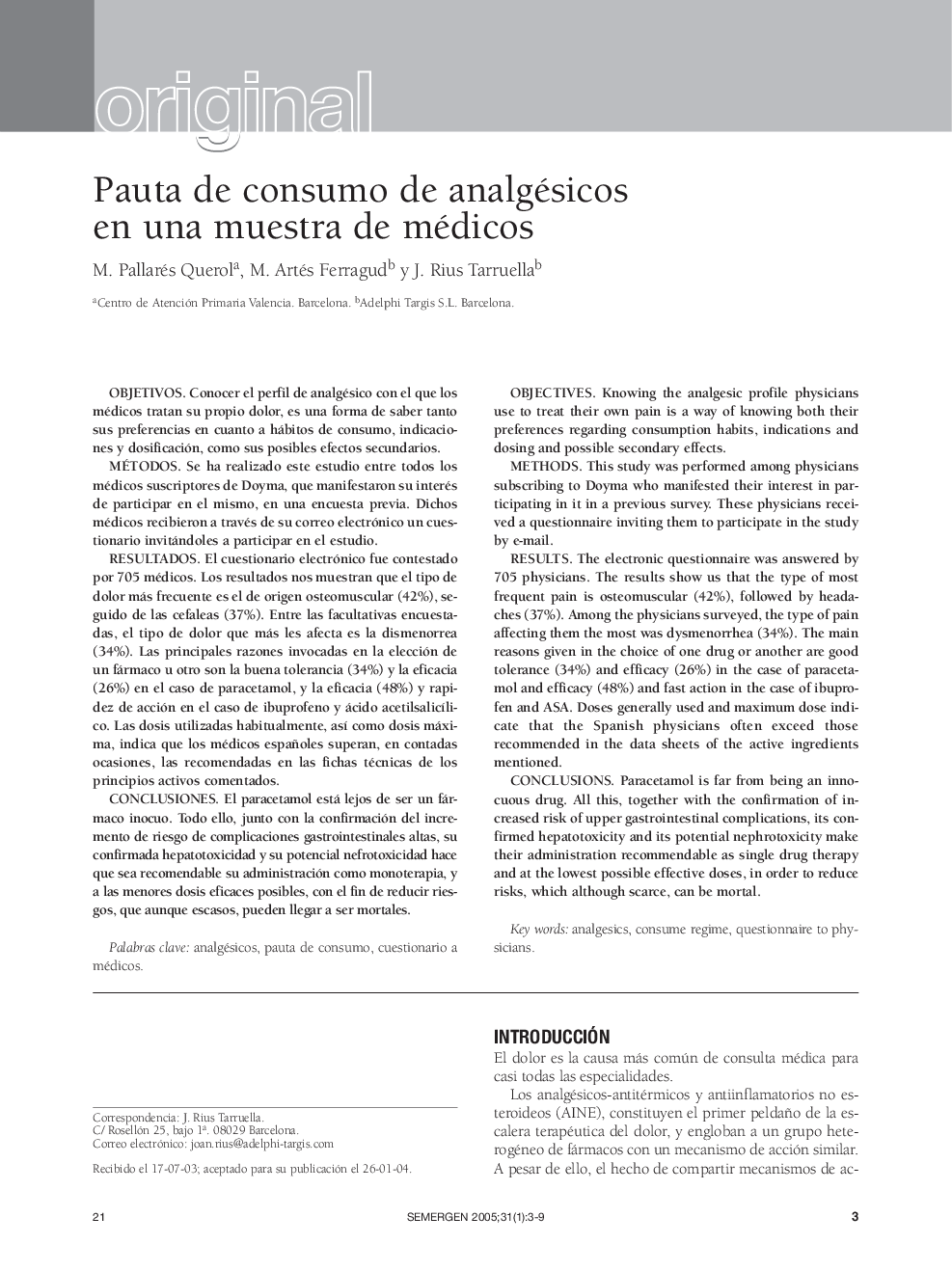 Pauta de consumo de analgésicos en una muestra de médicos