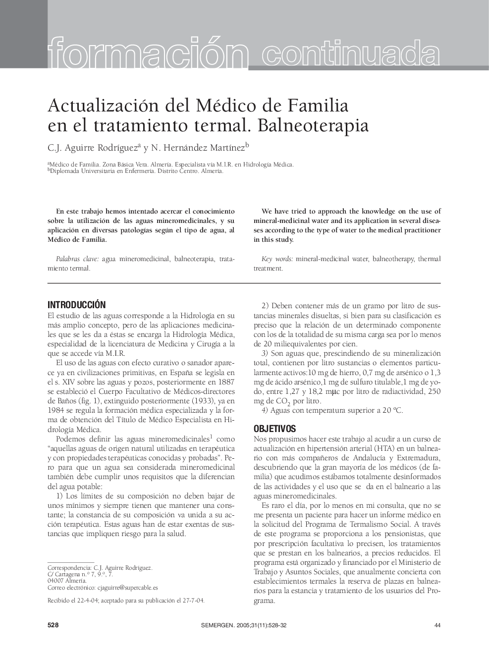 Actualización del Médico de Familia en el tratamiento termal. Balneoterapia