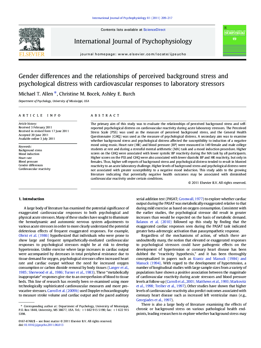 Gender differences and the relationships of perceived background stress and psychological distress with cardiovascular responses to laboratory stressors