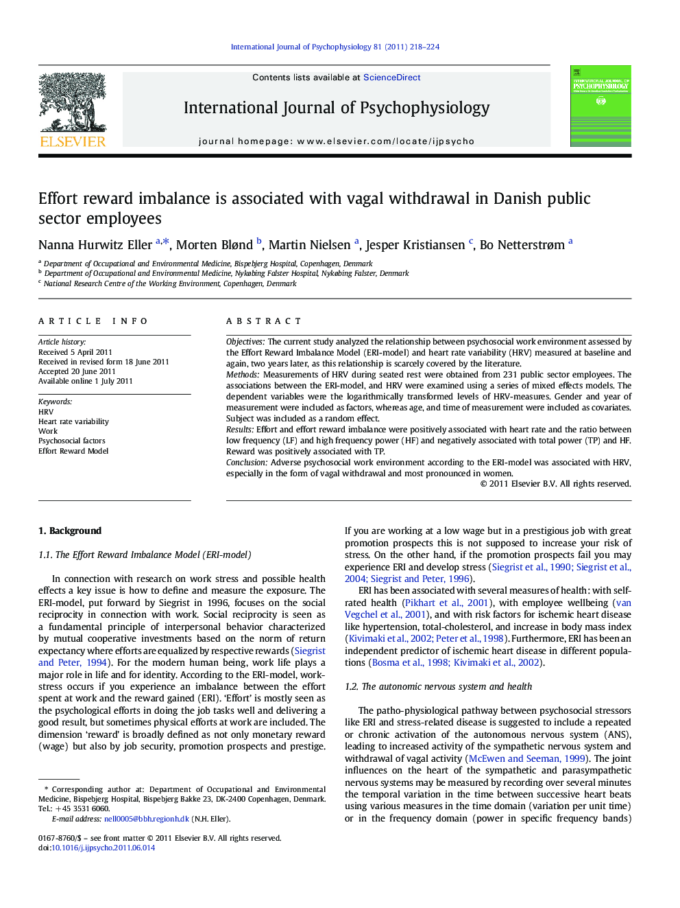 Effort reward imbalance is associated with vagal withdrawal in Danish public sector employees