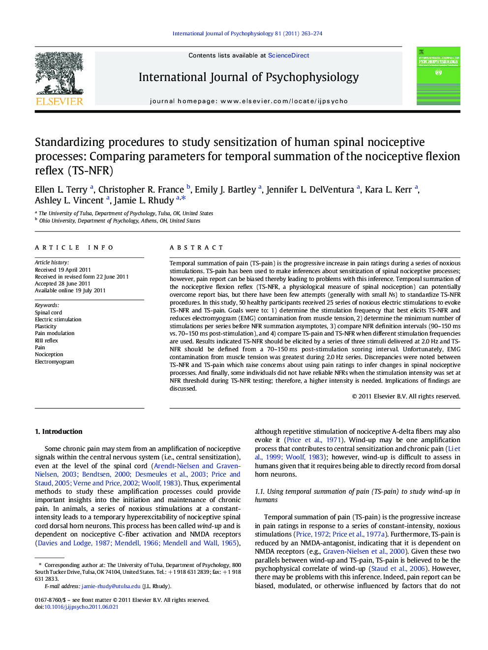 Standardizing procedures to study sensitization of human spinal nociceptive processes: Comparing parameters for temporal summation of the nociceptive flexion reflex (TS-NFR)