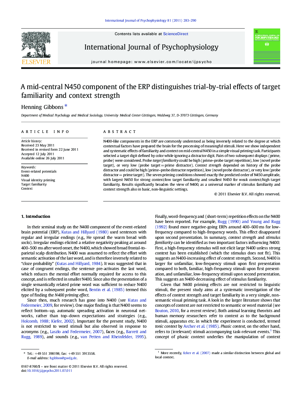 A mid-central N450 component of the ERP distinguishes trial-by-trial effects of target familiarity and context strength