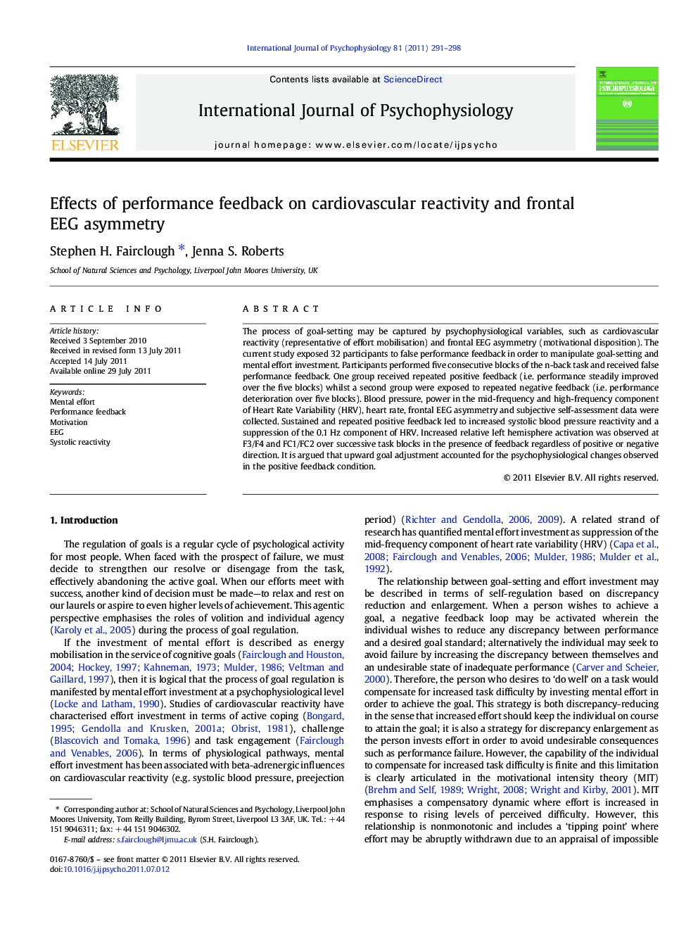 Effects of performance feedback on cardiovascular reactivity and frontal EEG asymmetry