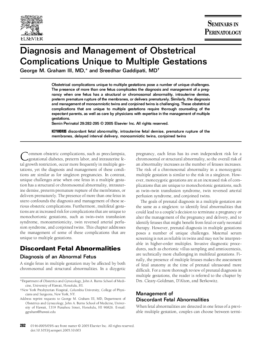 Diagnosis and Management of Obstetrical Complications Unique to Multiple Gestations