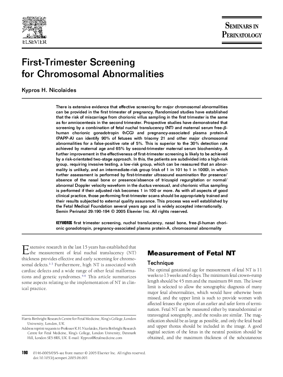 First-Trimester Screening for Chromosomal Abnormalities