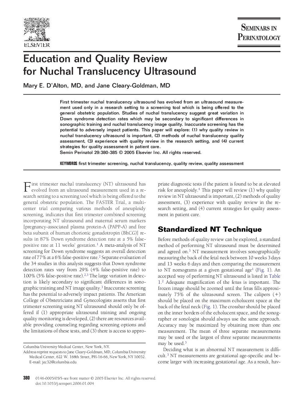 Education and Quality Review for Nuchal Translucency Ultrasound