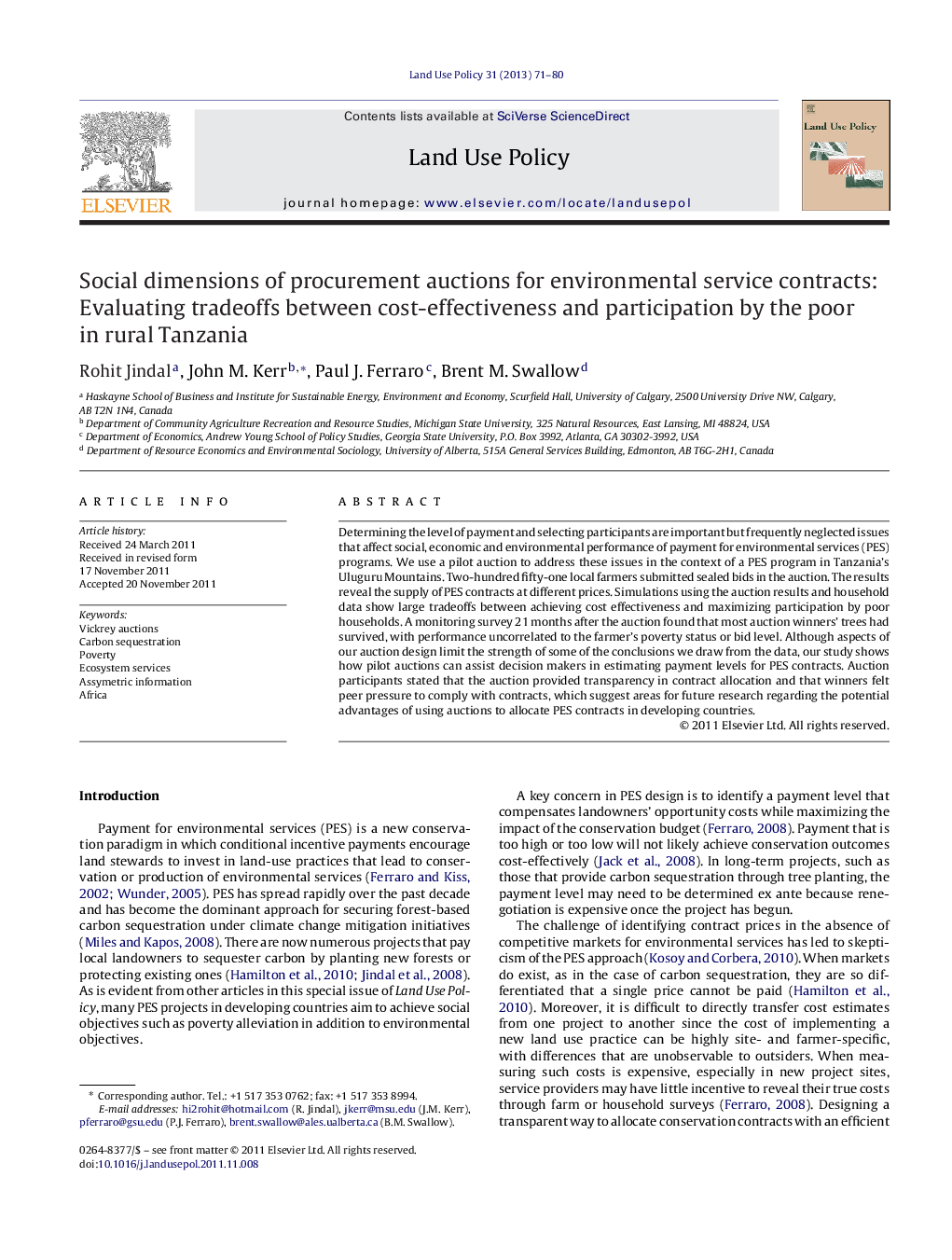 Social dimensions of procurement auctions for environmental service contracts: Evaluating tradeoffs between cost-effectiveness and participation by the poor in rural Tanzania