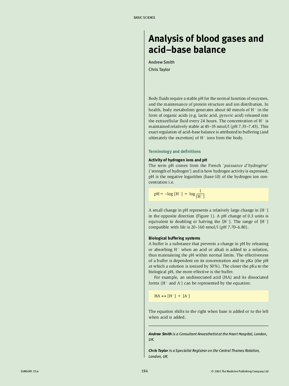 Analysis of blood gases and acid-base balance