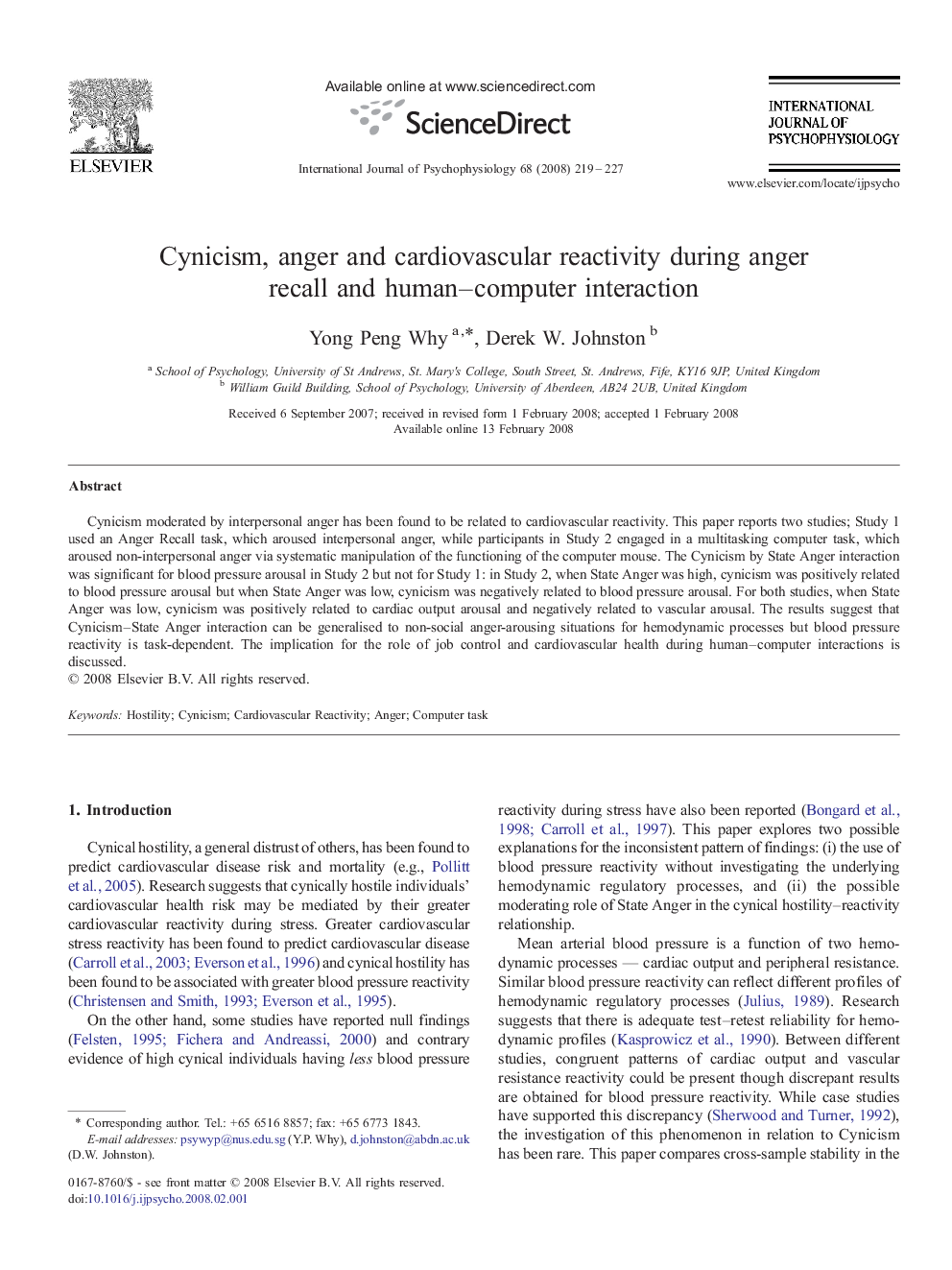 Cynicism, anger and cardiovascular reactivity during anger recall and human–computer interaction