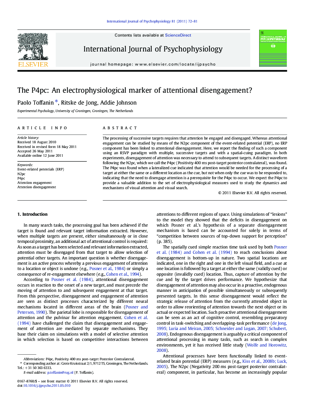 The P4pc: An electrophysiological marker of attentional disengagement?