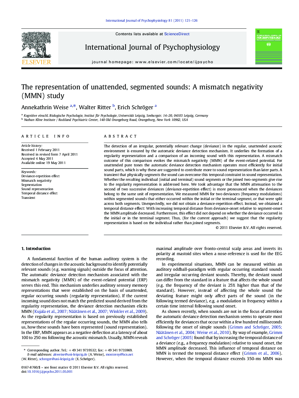 The representation of unattended, segmented sounds: A mismatch negativity (MMN) study