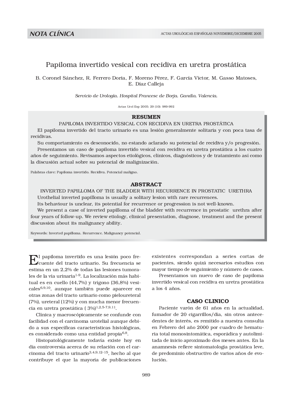 Papiloma invertido vesical con recidiva en uretra prostática