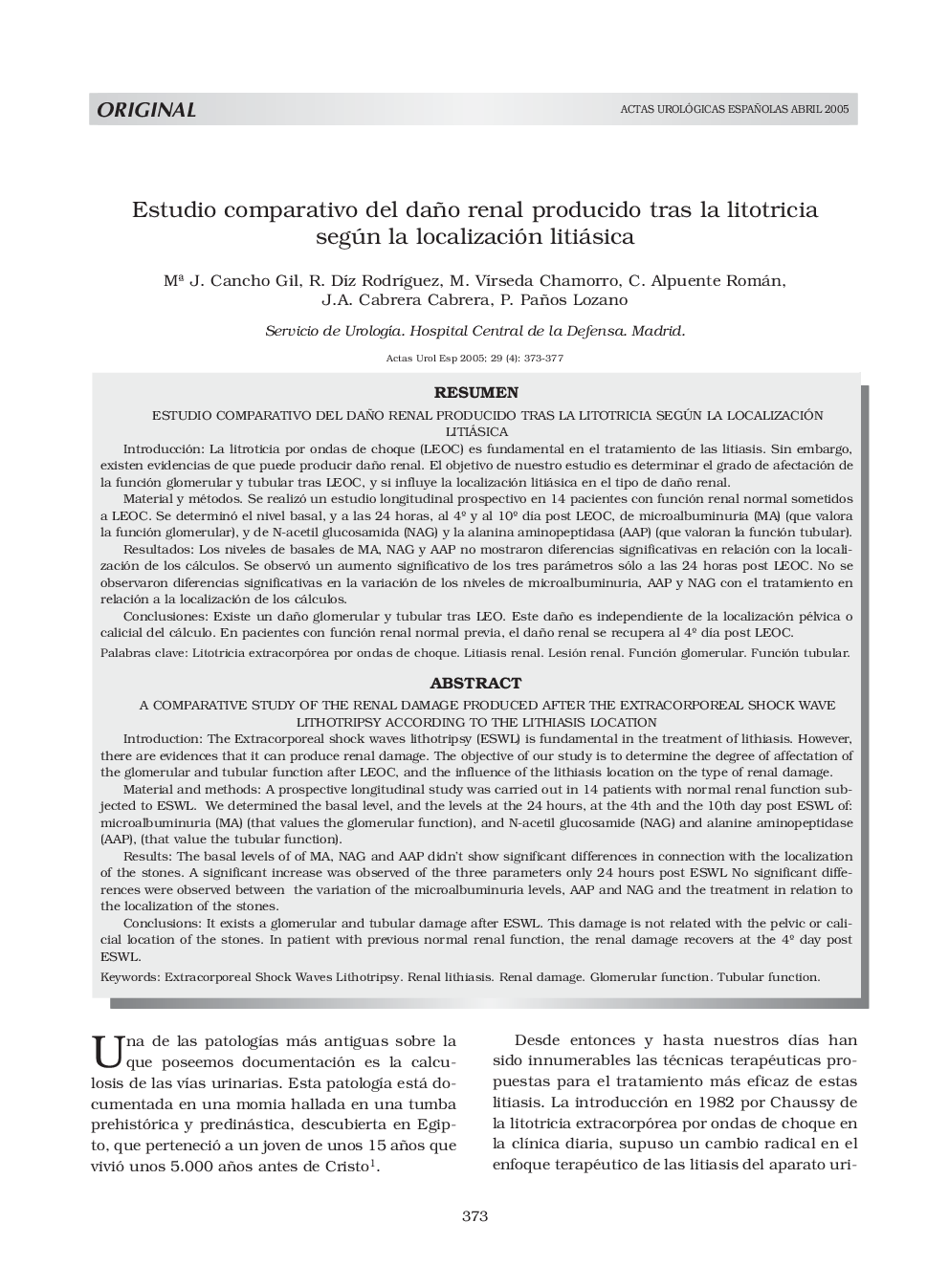 Estudio comparativo del daño renal producido tras la litotricia según la localización litiásica