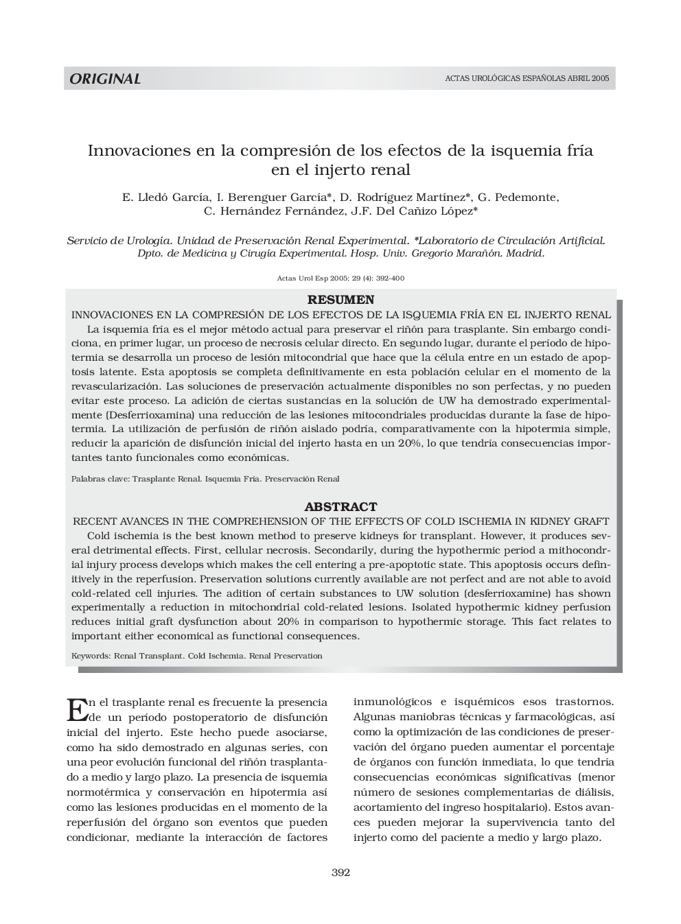 Innovaciones en la compresión de los efectos de la isquemia frÃ­a en el injerto renal