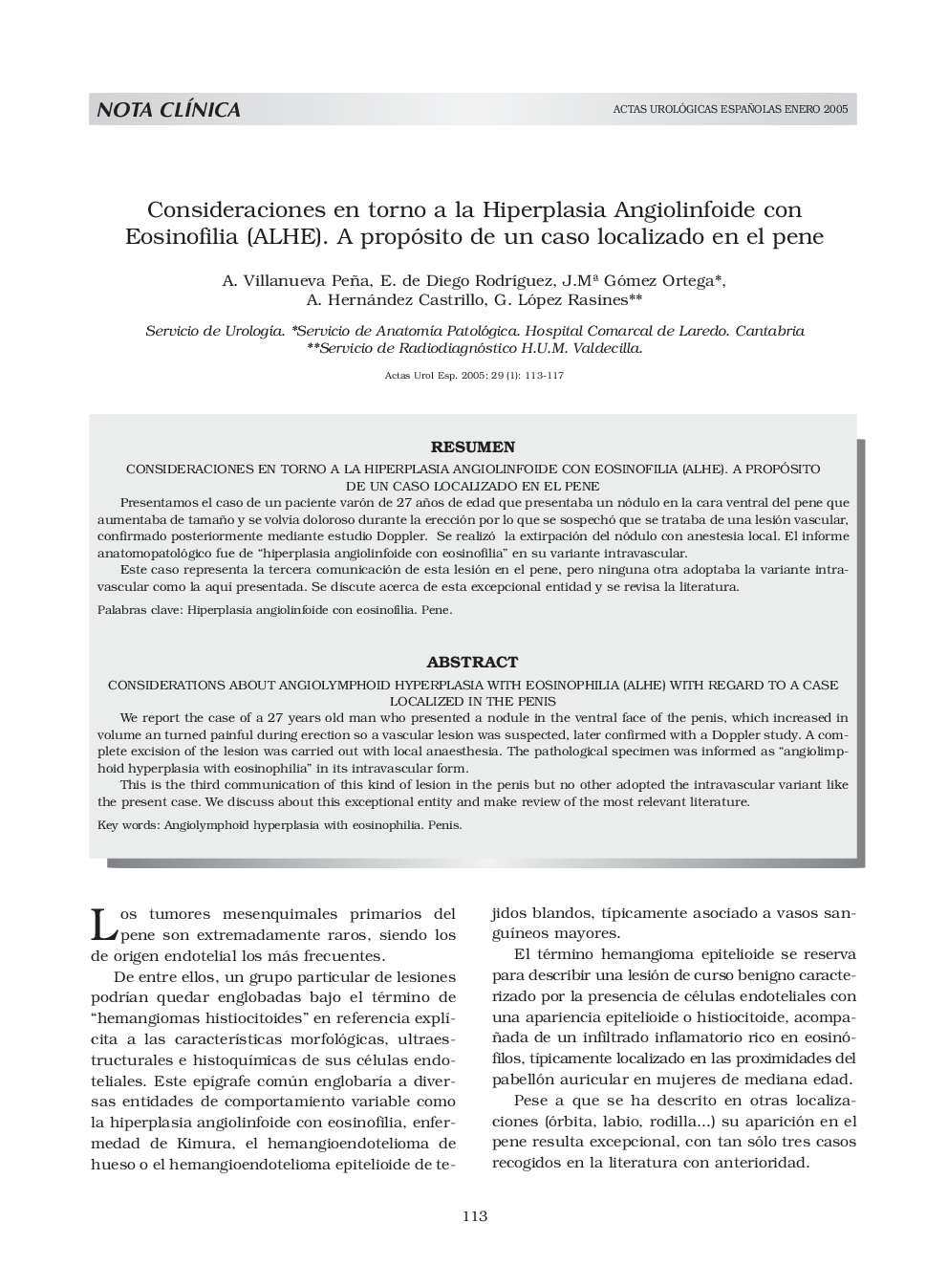 Consideraciones en torno a la Hiperplasia Angiolinfoide con Eosinofilia (ALHE). A propósito de un caso localizado en el pene