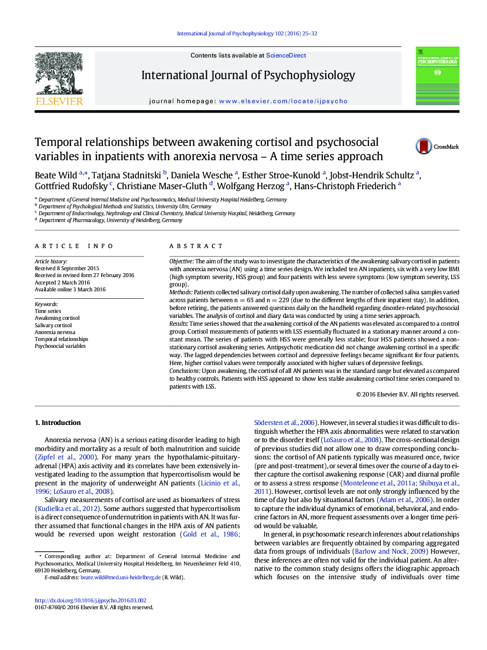 Temporal relationships between awakening cortisol and psychosocial variables in inpatients with anorexia nervosa – A time series approach