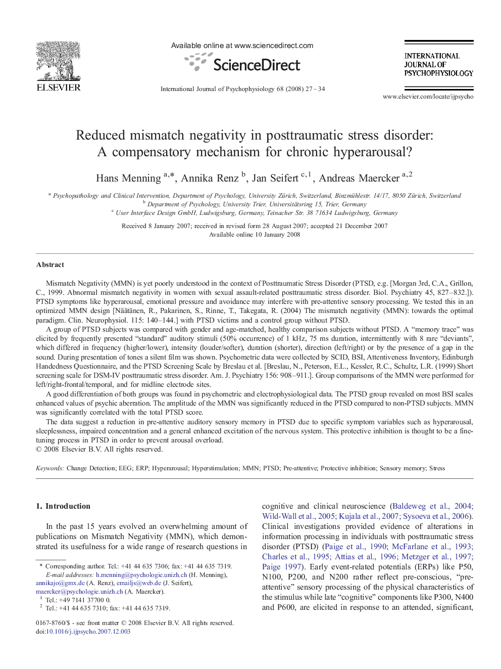 Reduced mismatch negativity in posttraumatic stress disorder: A compensatory mechanism for chronic hyperarousal?