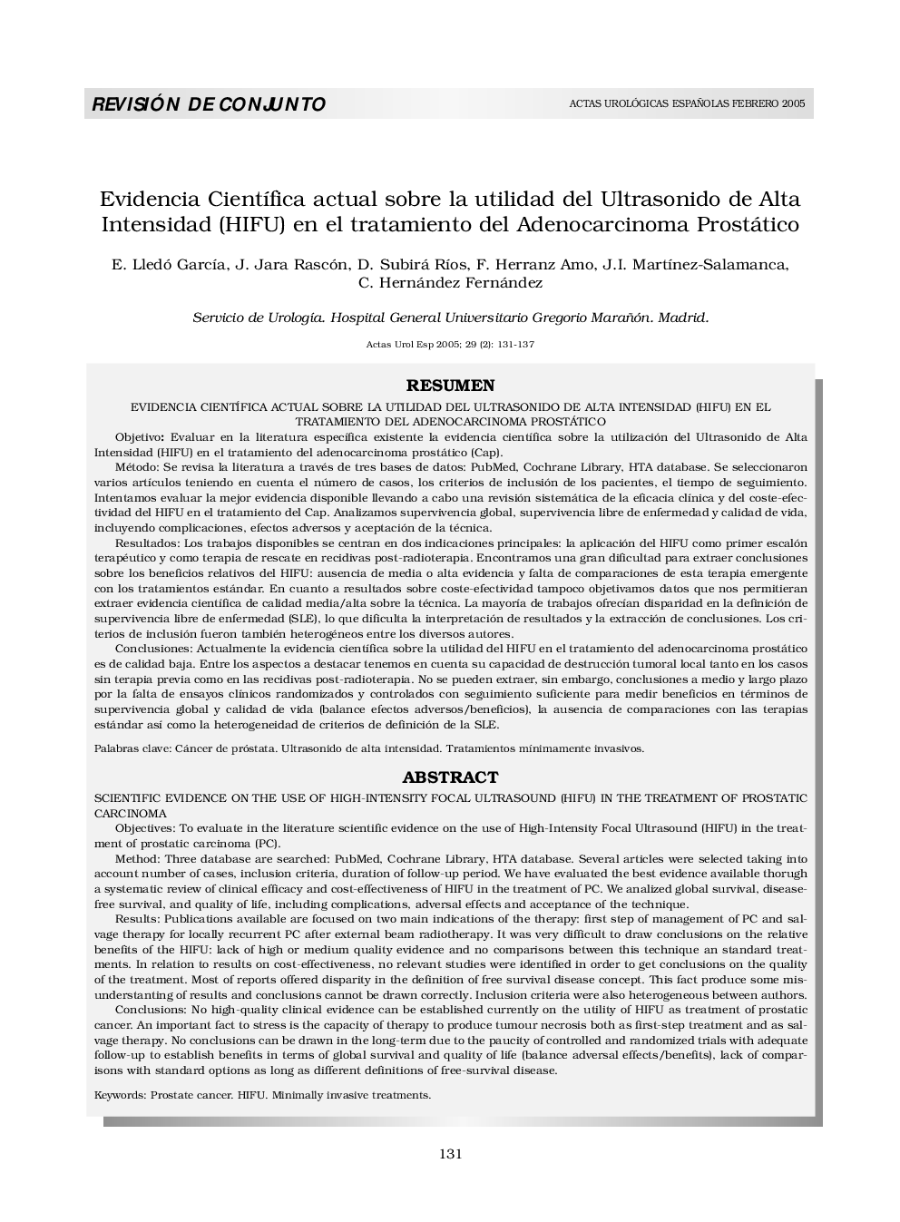 Evidencia CientÃ­fica actual sobre la utilidad del Ultrasonido de Alta Intensidad (HIFU) en el tratamiento del Adenocarcinoma Prostático