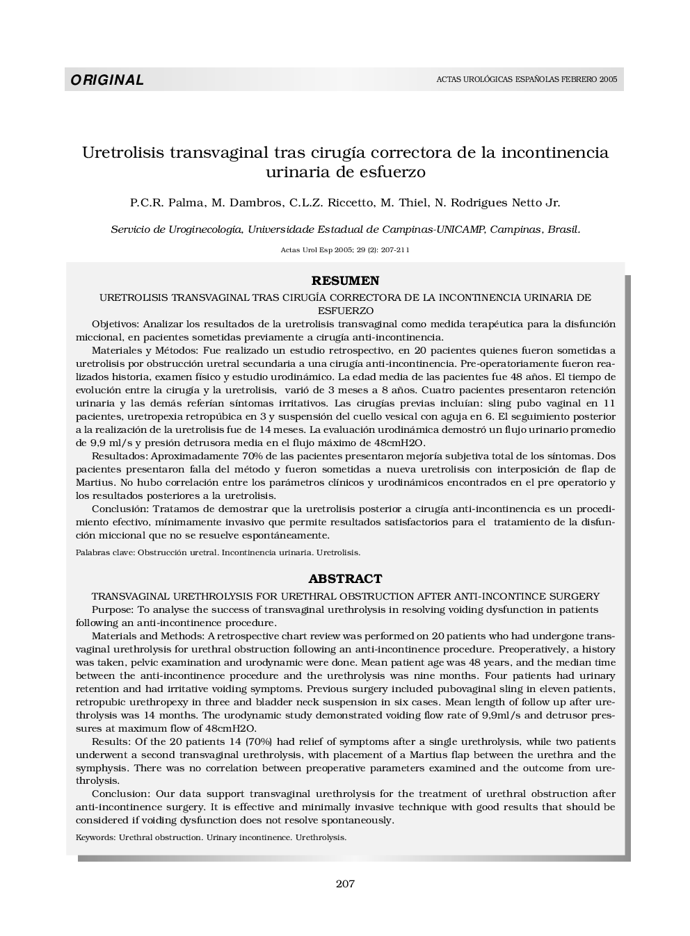 Uretrolisis transvaginal tras cirugÃ­a correctora de la incontinencia urinaria de esfuerzo