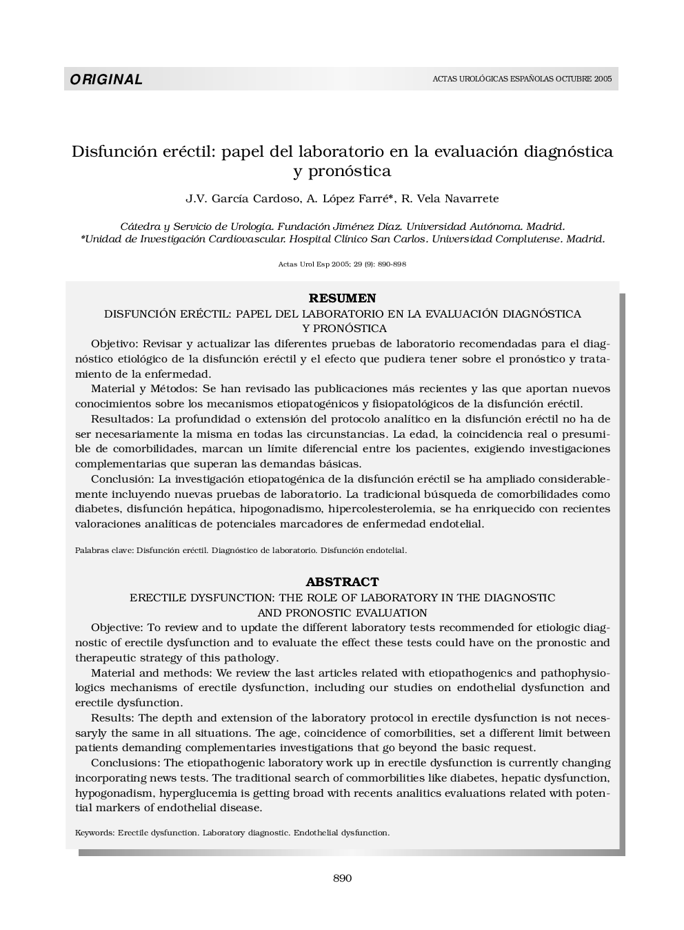 Disfunción eréctil: papel del laboratorio en la evaluación diagnóstica y pronóstica