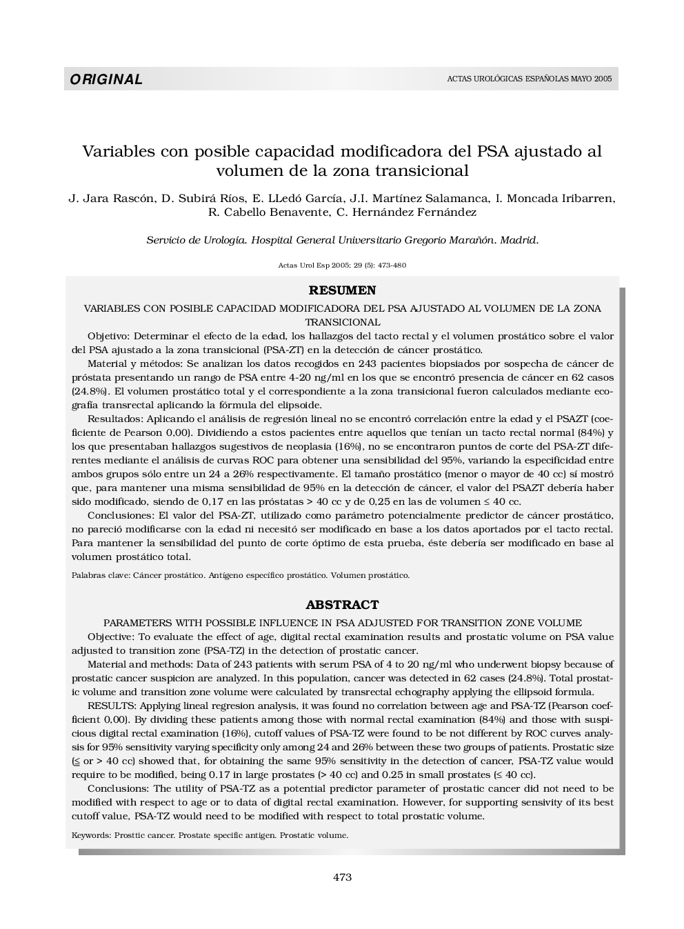 Variables con posible capacidad modificadora del PSA ajustado al volumen de la zona transicional