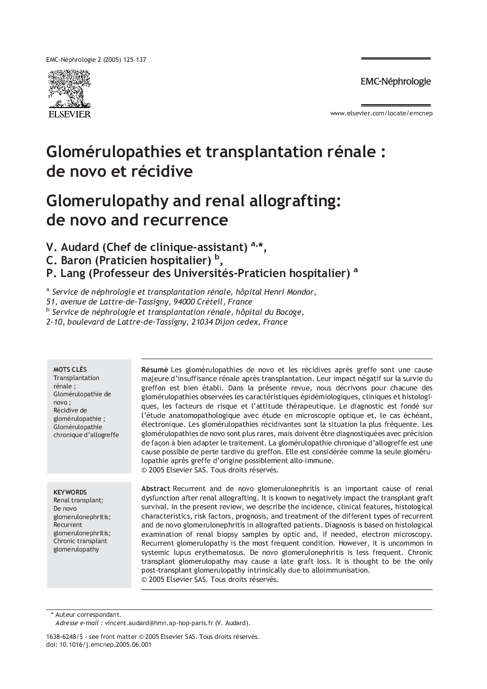 Glomérulopathies et transplantation rénaleÂ : de novo et récidive
