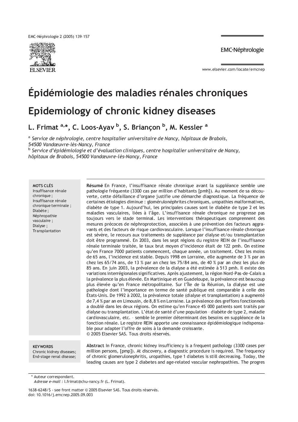 Ãpidémiologie des maladies rénales chroniques