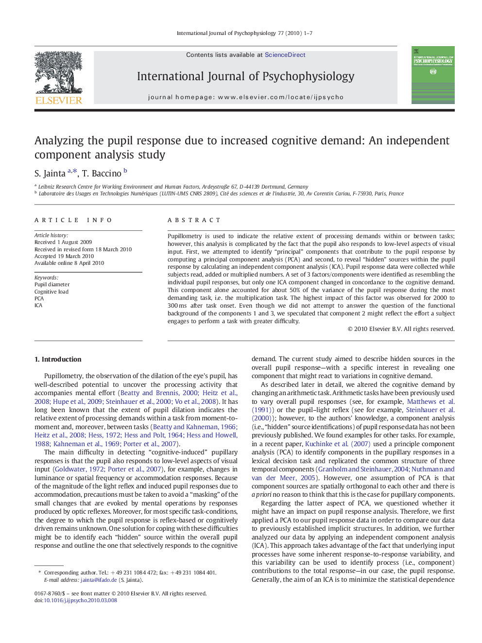 Analyzing the pupil response due to increased cognitive demand: An independent component analysis study