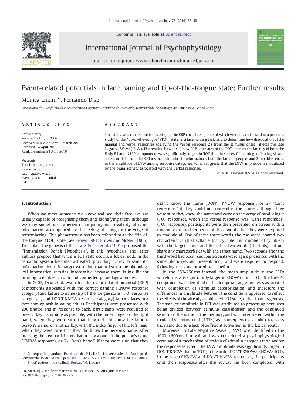 Event-related potentials in face naming and tip-of-the-tongue state: Further results