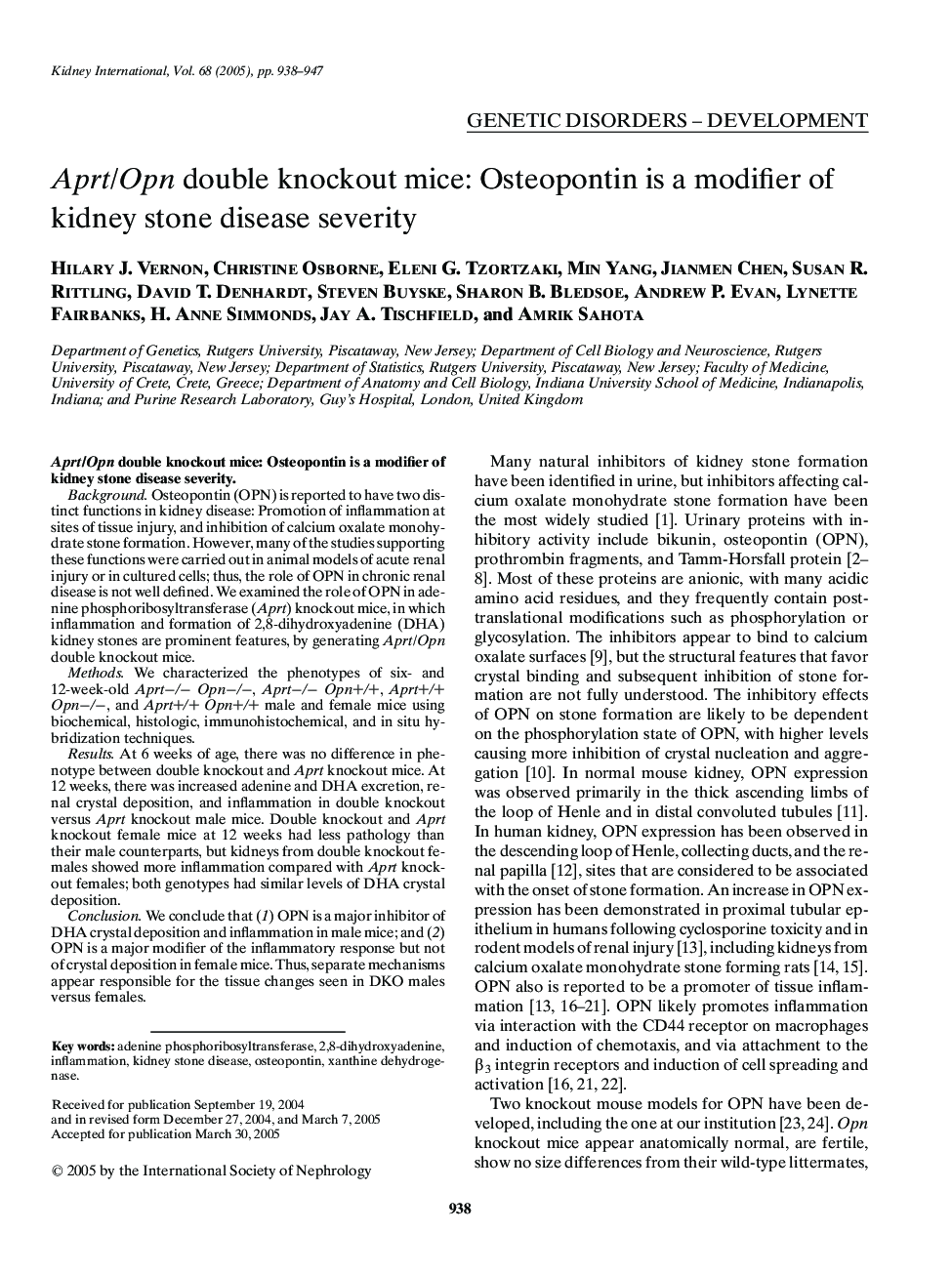Aprt/Opn double knockout mice: Osteopontin is a modifier of kidney stone disease severity