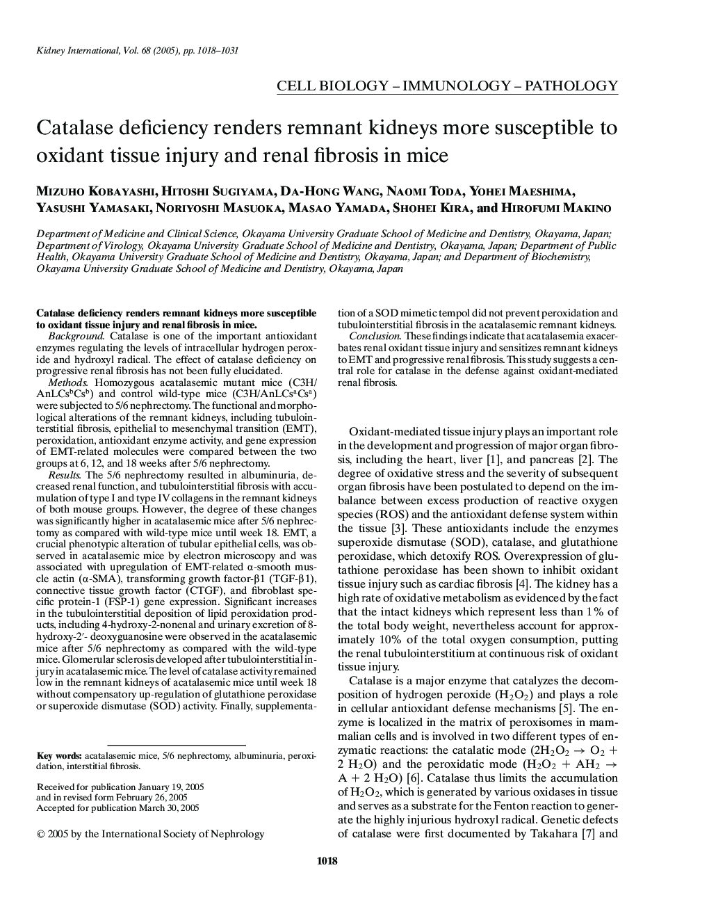 Catalase deficiency renders remnant kidneys more susceptible to oxidant tissue injury and renal fibrosis in mice