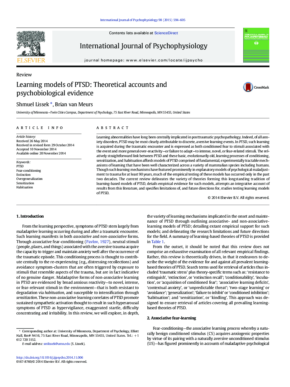 Learning models of PTSD: Theoretical accounts and psychobiological evidence